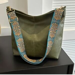 Olive Green Tote Bag with Embroidered Strap